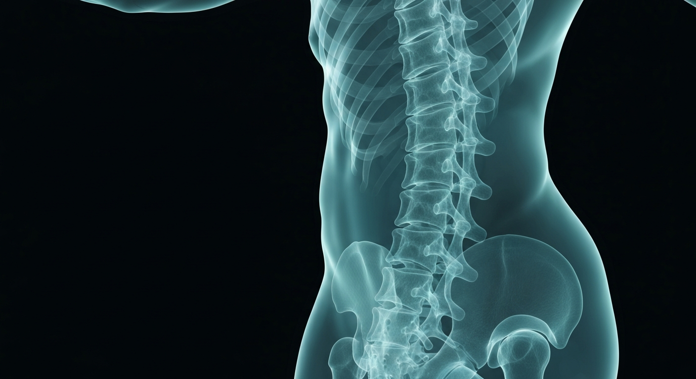 A translucent, ghostly X-ray image of a human spine, glowing with a blue-green light and revealing the intricate internal structure of the bones, discs, and nerves that make up the spinal column.