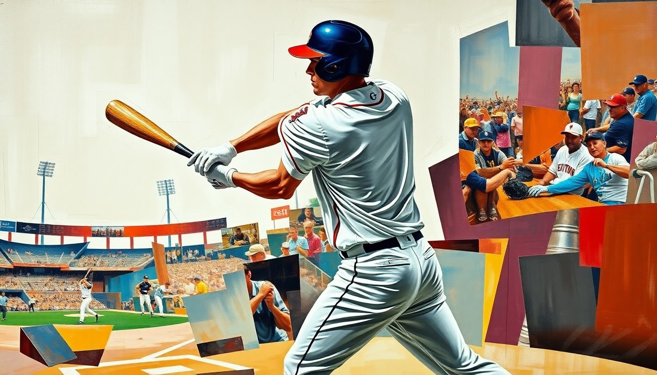 A cubist, geometric painting depicting a baseball player in motion, with their body and equipment fragmented into sharp, overlapping shapes and planes in a vibrant color palette.