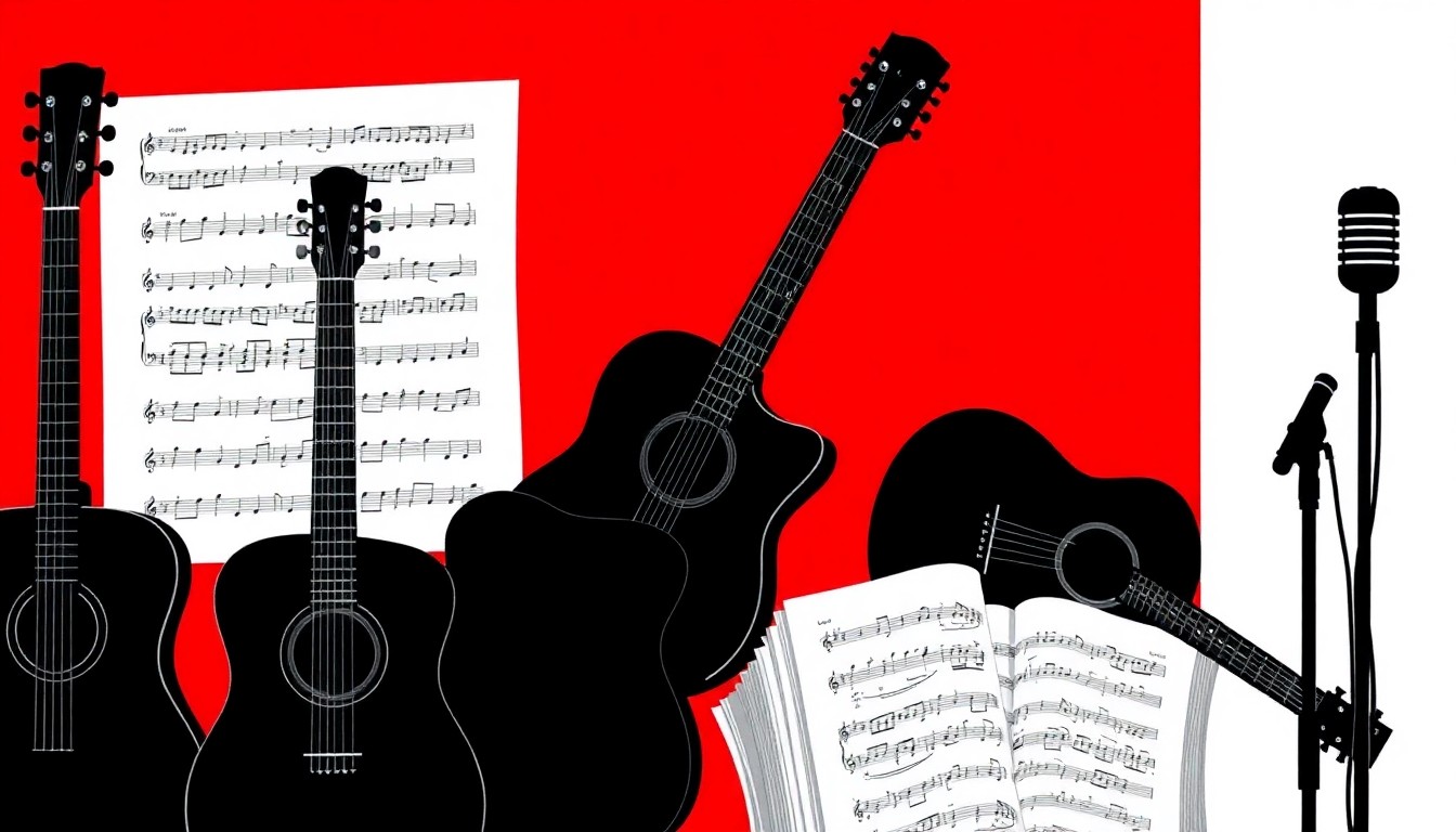 An abstract illustration featuring sharp, geometric black silhouettes of musical instruments and sheet music against a high-contrast red and white background, conceptually representing the energy and artistry of a live music performance.