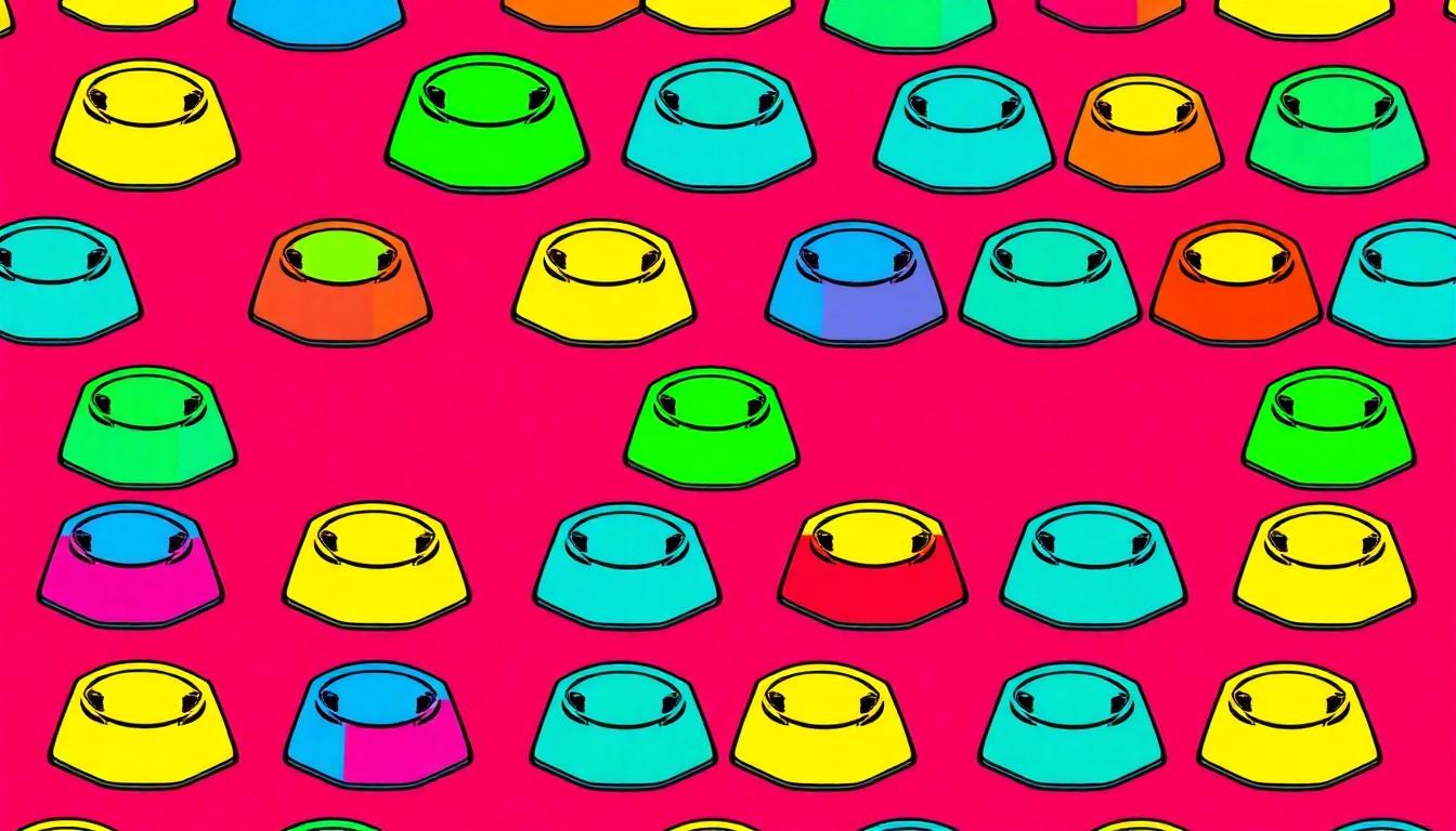 A repeating grid of brightly colored, high-contrast silkscreen dog bowls in shades of neon pink, electric blue, and highlighter yellow, conceptually representing the new laws aimed at improving animal safety and care.