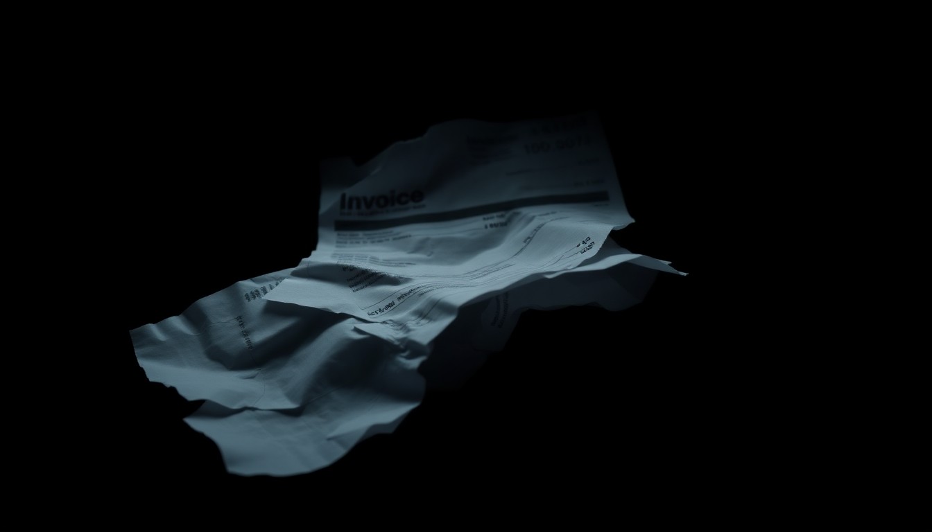 An extreme close-up photograph of a crumpled, torn financial document, capturing the stark, gritty details of the evidence in a fraudulent invoicing scheme.