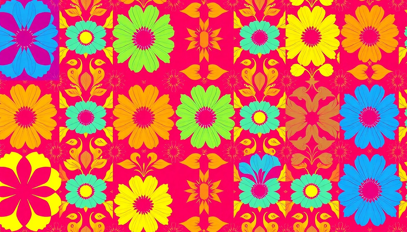 A brightly colored, high-contrast silkscreen-style illustration featuring a repeated pattern of an iconic wallpaper design, rendered in vibrant neon hues with heavy black outlines, conceptually representing the modern, pop art-inspired approach to wallpaper selection in historic Newton homes.