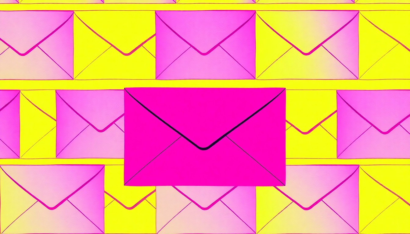 A grid of brightly colored, high-contrast silkscreen prints depicting a vintage envelope and letter, conceptually representing the joy of receiving personal mail as a gift.