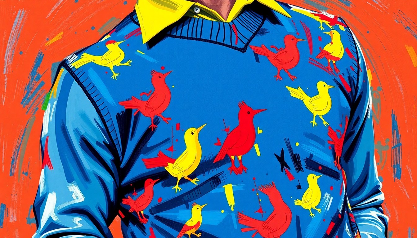 An abstract, expressionist painting in neon colors depicting the close-up of a golfer's sweater vest covered in vibrant, dynamic bird prints, capturing the energy and movement of the golfer's attire.