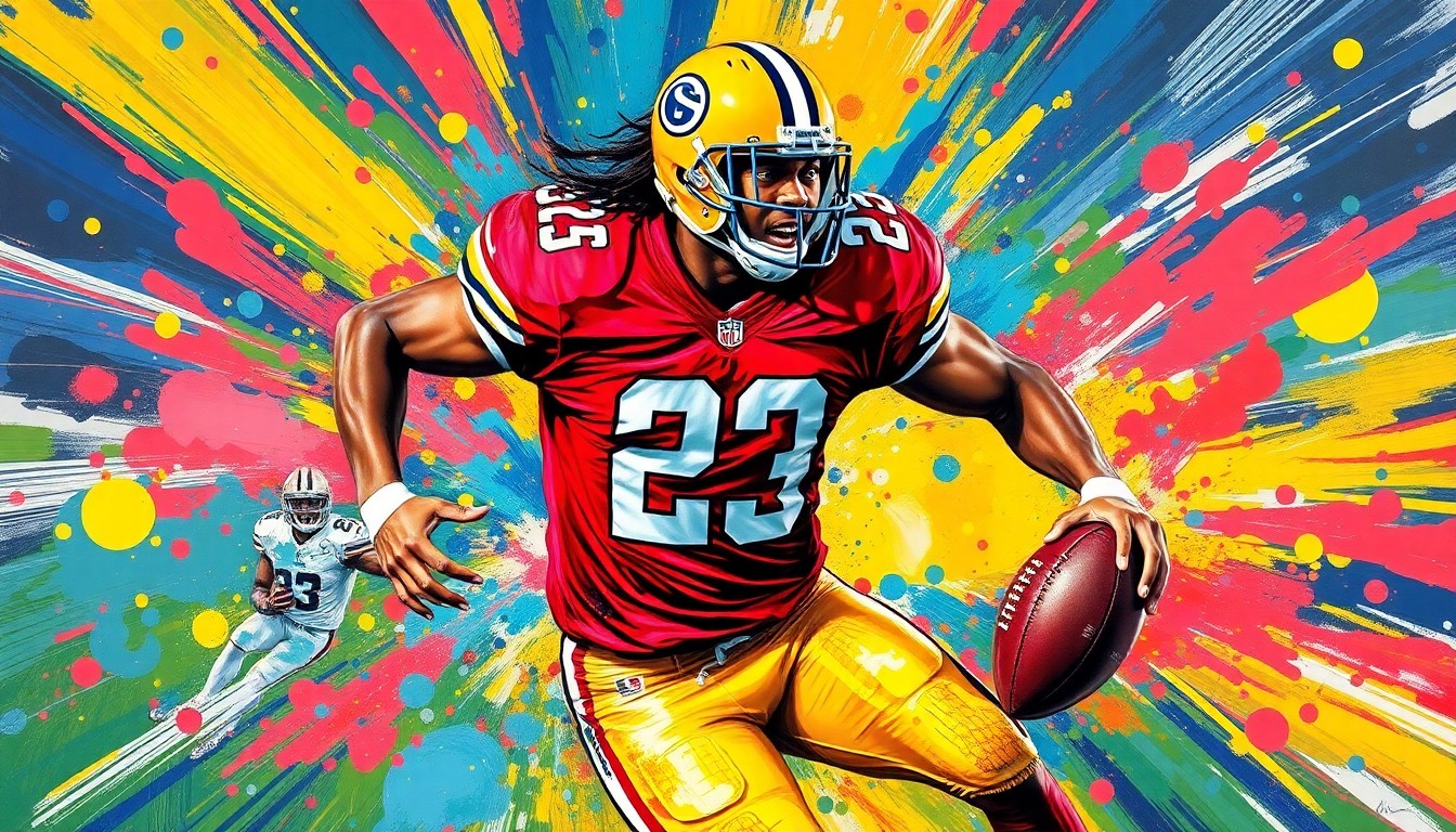 An abstract, energetic painting in neon colors capturing the dynamic movements and raw athleticism of a football player in action, with faces and logos dissolved into unrecognizable brushstrokes.