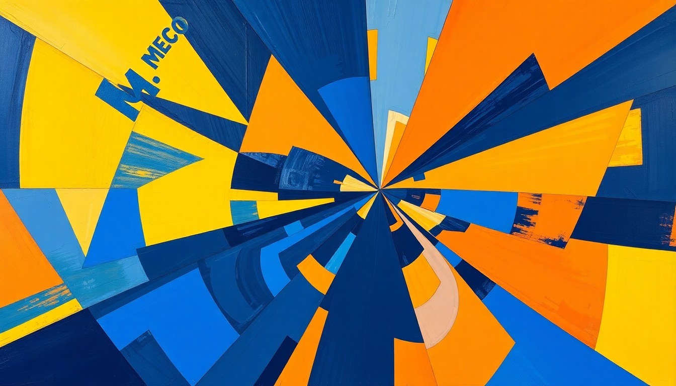 A dynamic, cubist-style painting depicting a high school softball game, with the players and field fragmented into sharp, overlapping geometric shapes in the team colors of Murrieta Mesa and Norco.