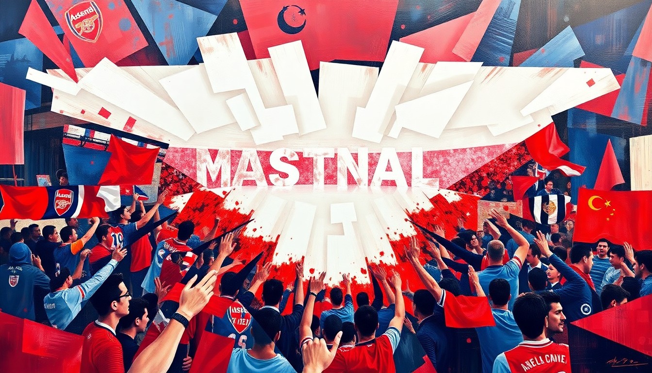 A cubist, fragmented painting depicting an energetic soccer match or crowd of Arsenal supporters, with sharp geometric shapes in red, white, and blue creating a dynamic, multi-angled composition.
