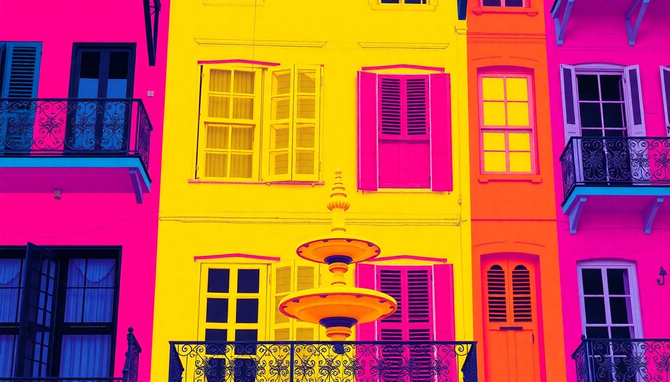 A brightly colored, high-contrast silkscreen print of a single, iconic New Orleans architectural element such as a wrought-iron balcony or colorful Creole townhouse facade, repeated in a tight grid pattern to create a modern pop art interpretation of the city's historic luxury properties.