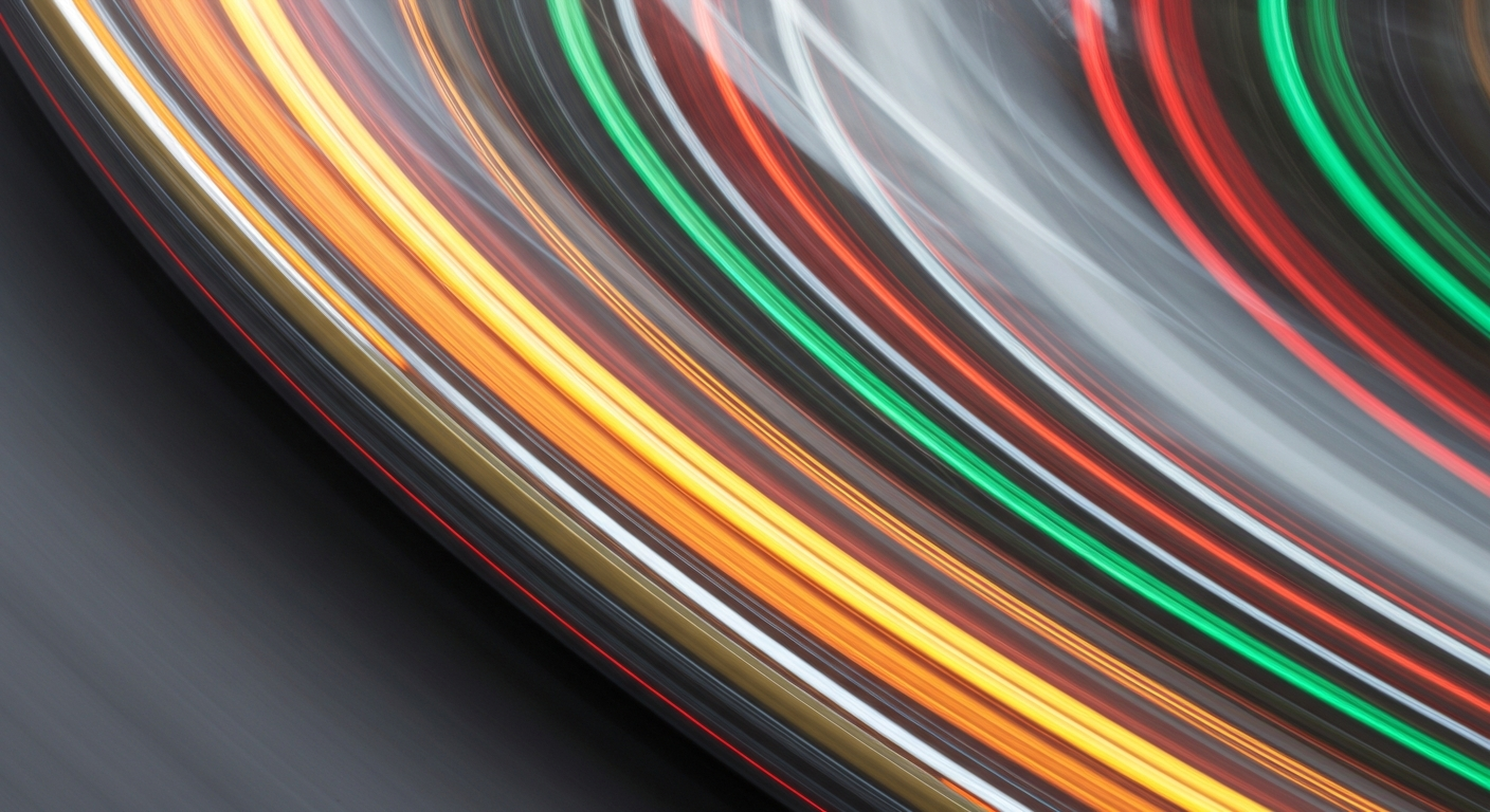An abstract, colorful image created through a slow-shutter, panning camera technique, depicting a moving vehicle as sweeping, blurred streaks of vibrant hues, conveying a sense of speed and modern engineering.