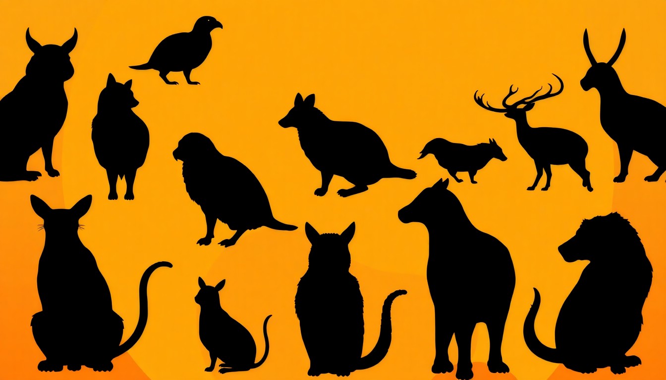 An abstract, minimalist illustration featuring bold black silhouettes of various animal shapes arranged in an overlapping pattern against a high-contrast background of deep red, mustard yellow, and charcoal grey, conceptually representing the emergency flight rescue of shelter animals.