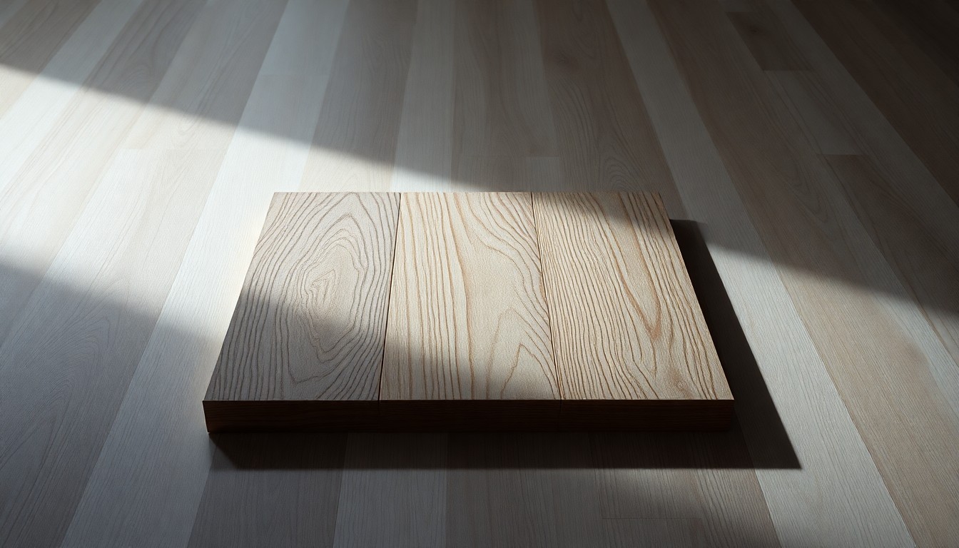 A close-up photograph of a polished, geometric wooden floor plank with subtle scratches and wear, resting on a clean, monochromatic background, conceptually representing the value of professional floor refinishing.