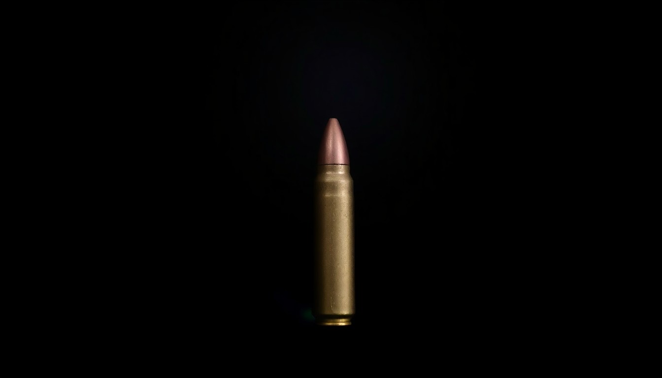 An extreme close-up of a single bullet casing on a pitch-black background, lit by a harsh, direct camera flash, conceptually representing the gritty, investigative nature of the unsolved Jam Master Jay murder case.