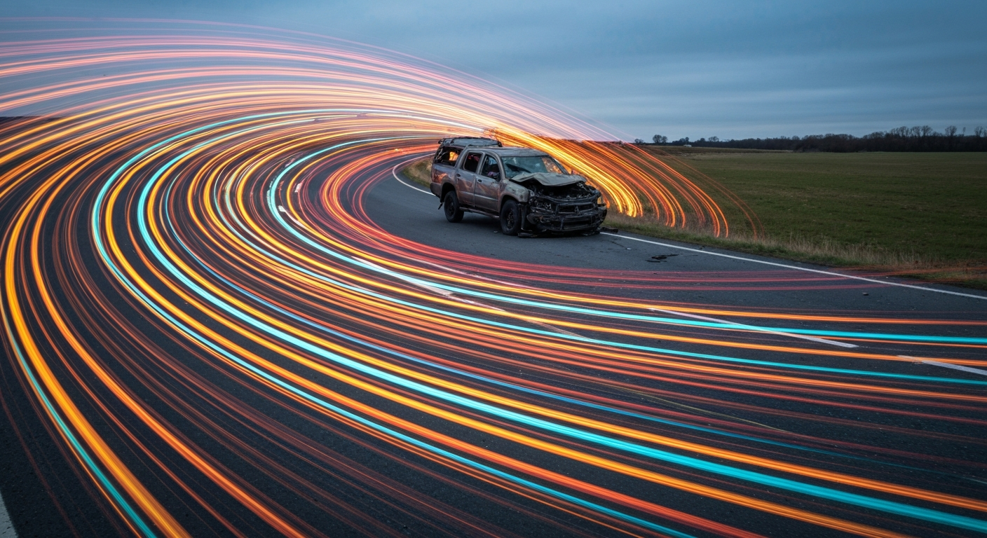 An abstract, impressionistic image of a wrecked vehicle on a rural highway, with the car reduced to streaks of color and motion through the use of a slow shutter speed and panning camera, conveying a sense of chaos and danger.