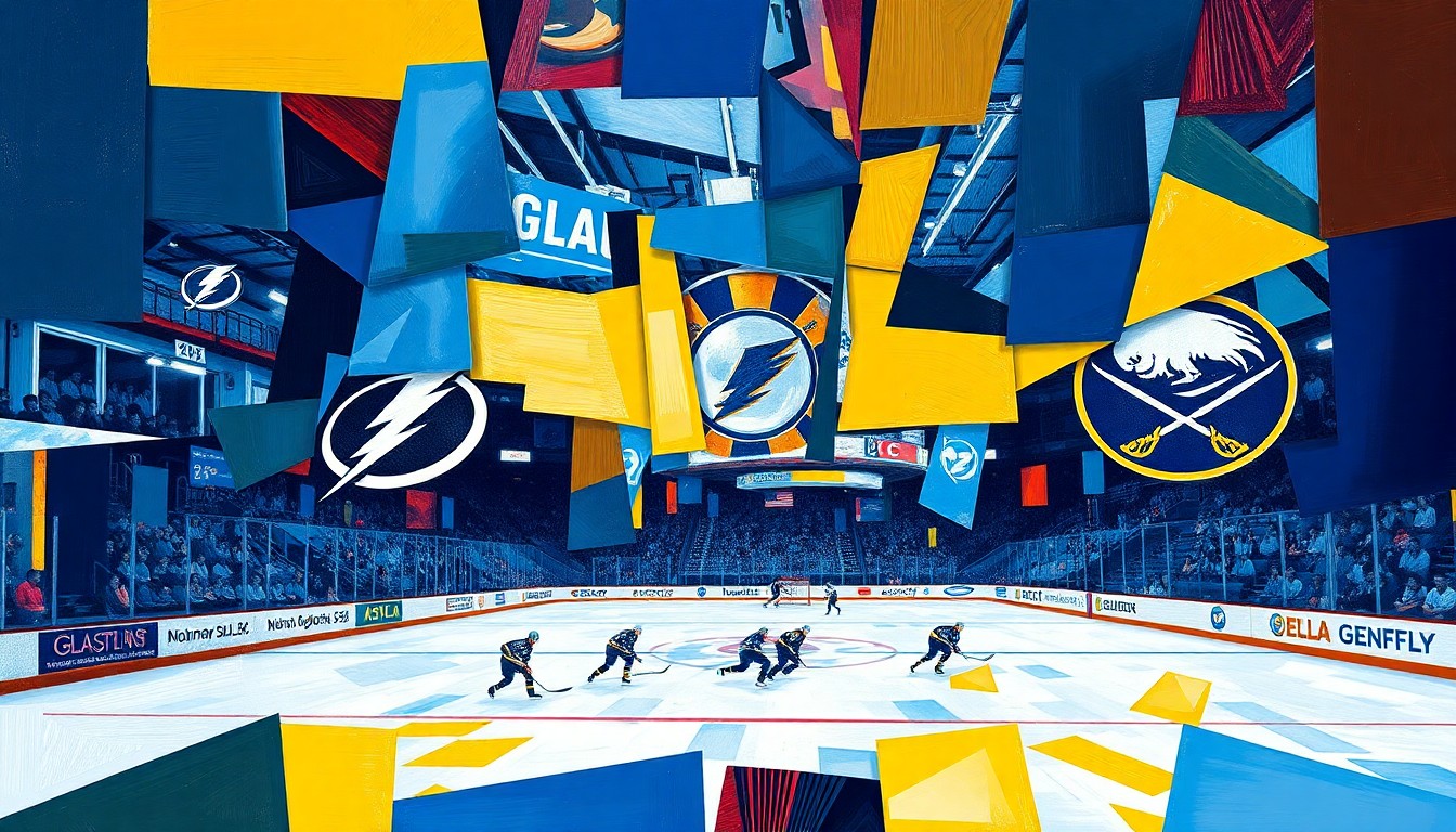 A cubist, geometric painting depicting a hockey game between the Tampa Bay Lightning and Buffalo Sabres, with the players and action broken down into sharp, overlapping planes of color representing the teams' official palettes.