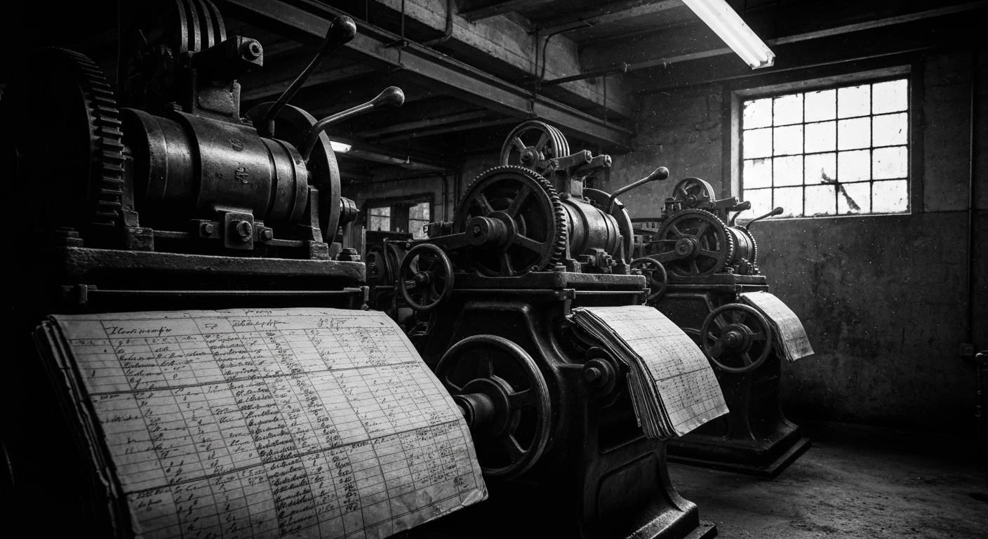 An extreme close-up of heavy, industrial banking equipment and financial records, conveying a sense of institutional power and financial security without using literal currency or charts.
