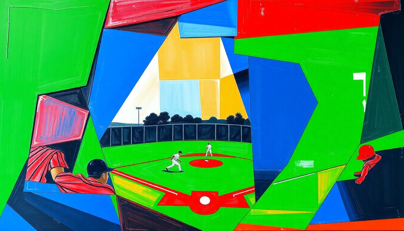 A fragmented, geometric painting depicting a high school softball game, with players and the field broken down into sharp, overlapping planes of color, conveying the energy and movement of the sport.