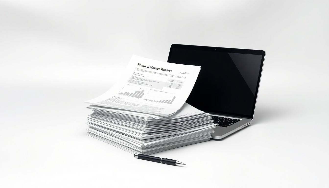 A photorealistic studio still life featuring a stack of financial reports, a laptop, and a pen arranged on a clean, monochromatic background, conceptually representing corporate finance and technology innovation.