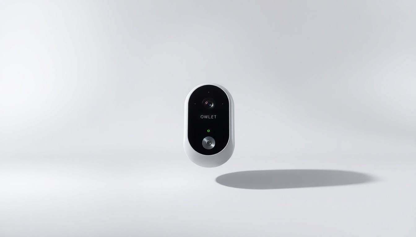 A photorealistic studio still-life image of a sleek, modern baby monitor device made of polished metal and glass, floating elegantly on a clean, monochromatic background with dramatic studio lighting and deep shadows, conceptually representing Owlet's advanced technology and data-driven approach to pediatric health.