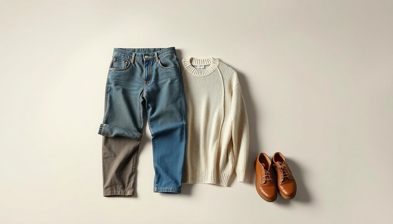 A high-end, photorealistic studio still-life photograph featuring a neatly arranged collection of secondhand clothing items in muted earth tones, conceptually representing the sustainability and circular fashion trends driving the resale industry.