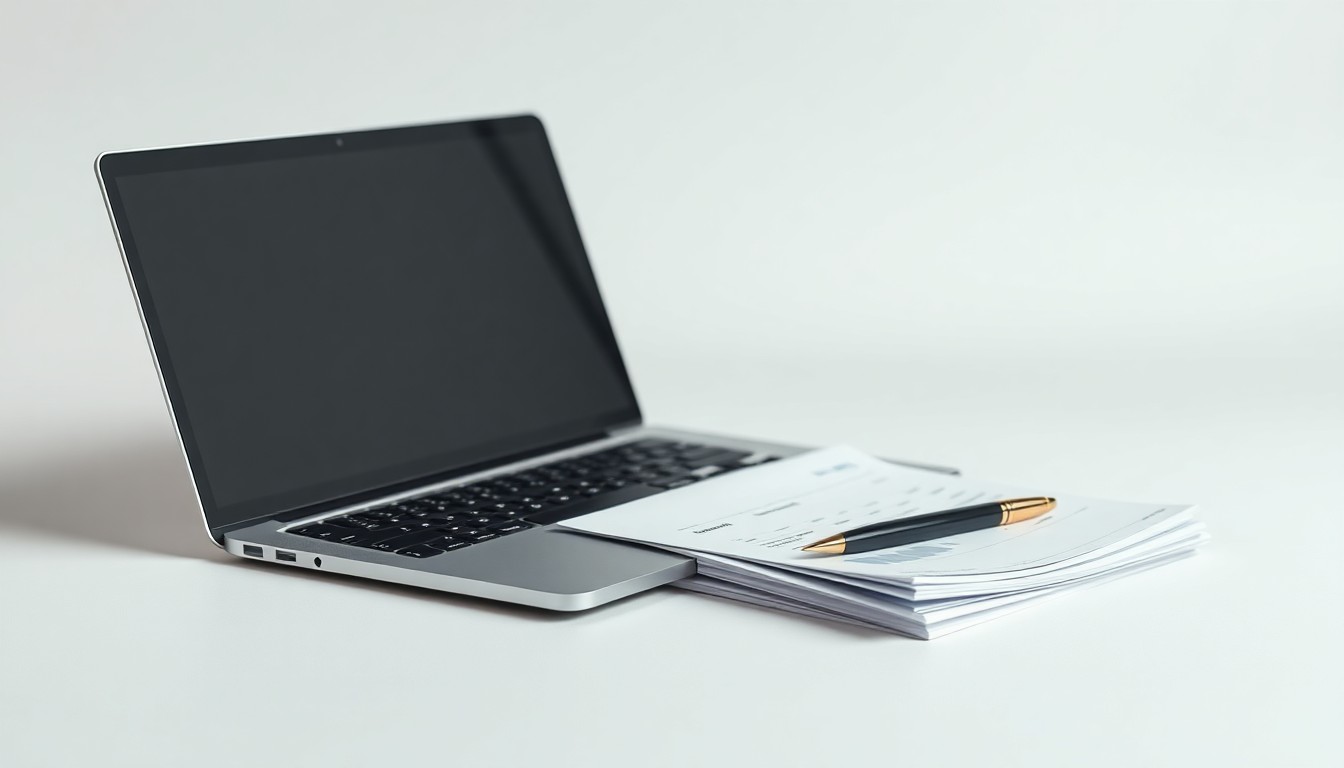 A high-end, photorealistic studio still-life photograph featuring a sleek laptop, pen, and financial documents arranged elegantly on a clean white background, symbolizing the abstract concepts of corporate finance and market performance.