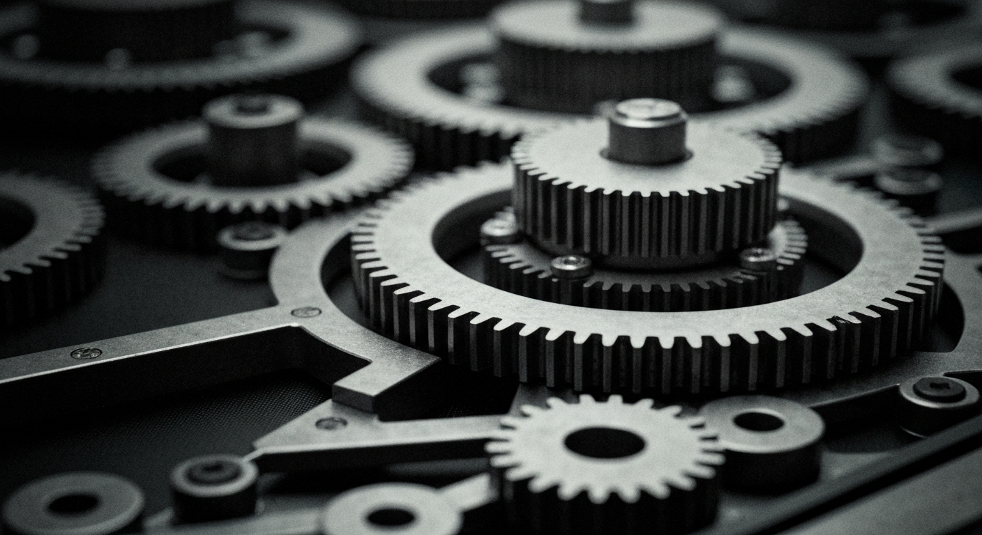 A close-up image of the intricate gears, circuits, and mechanisms of a high-tech financial trading platform, captured in a dramatic, textured style that conveys the complex machinery powering modern finance.