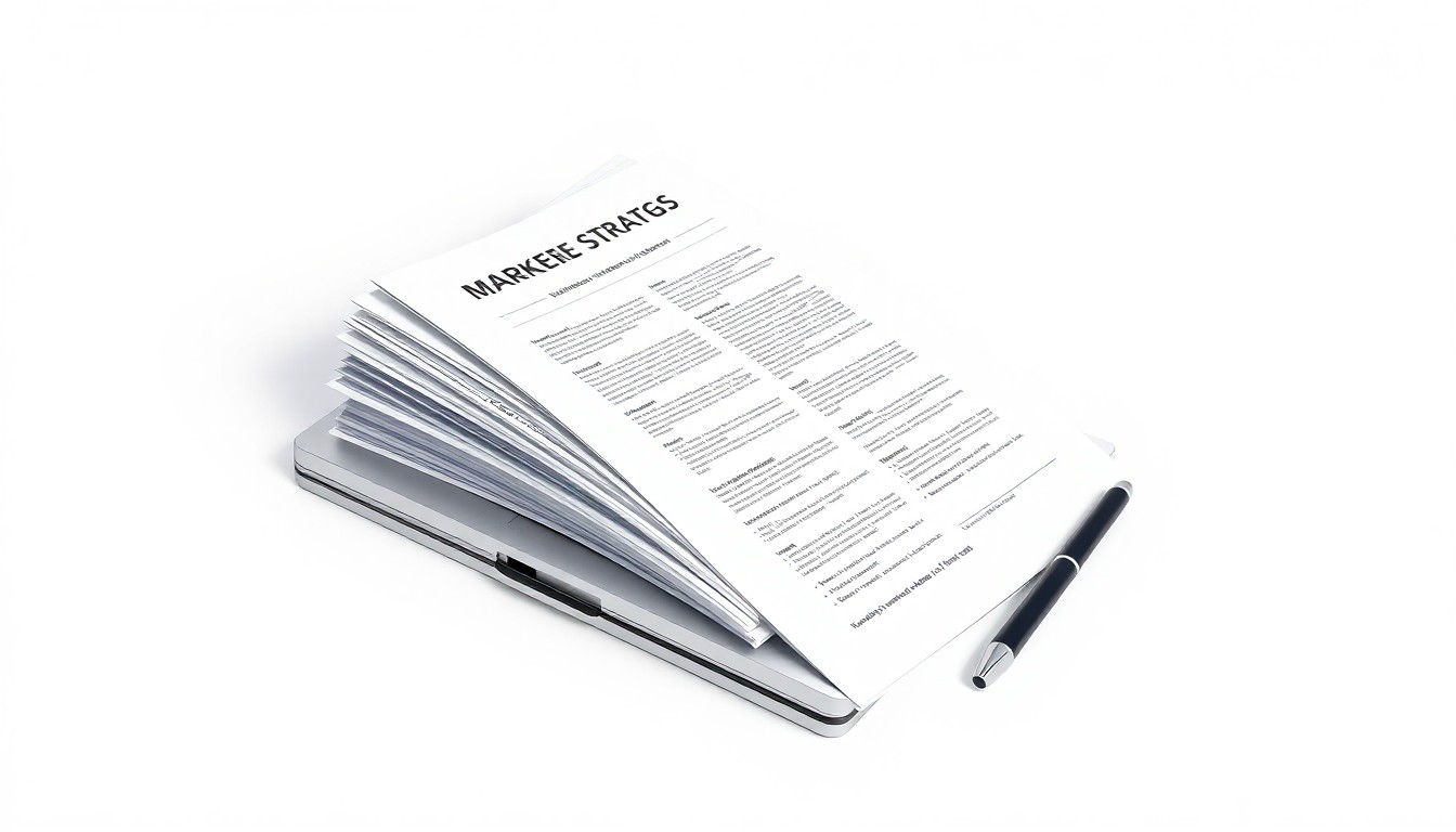 A minimalist studio photograph featuring a stack of documents, a laptop, and a pen arranged on a clean white background, symbolizing the strategic planning and execution of Pattern's marketing initiatives.