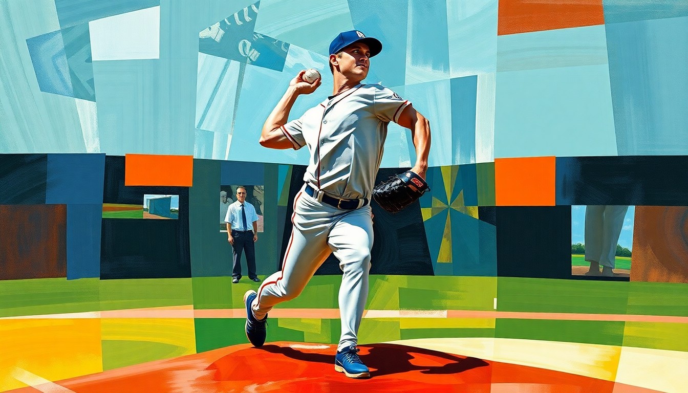 A fragmented, geometric painting depicting a baseball pitcher's motion, with sharp, overlapping planes of color and form conveying the dynamism and challenges of the Astros' rotation realignment.