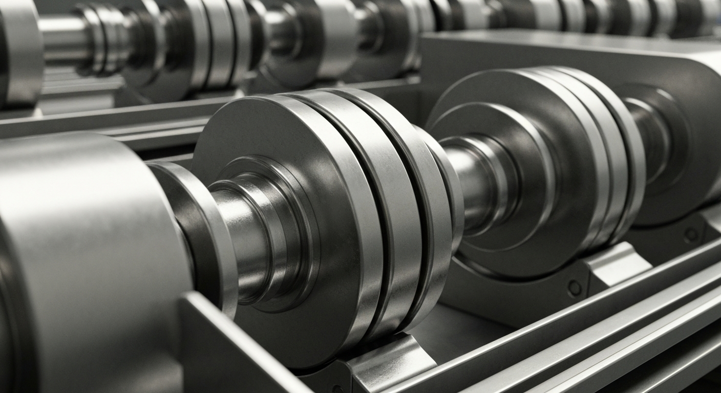 An extreme close-up of heavy, industrial banking machinery and equipment in muted tones of grey, steel, and chrome, conceptually representing the complex financial infrastructure that powers the utility industry.