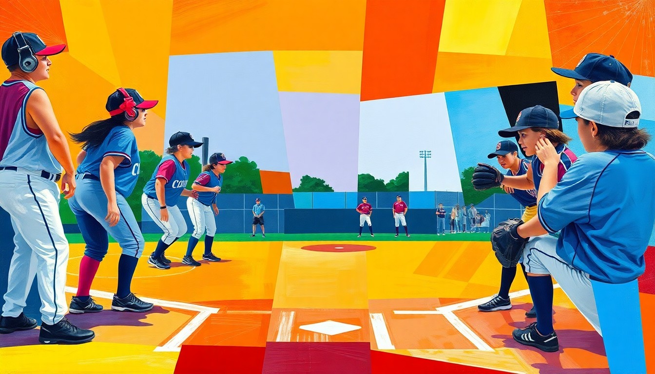 A cubist, geometric painting depicting a high school softball game, with overlapping planes of bright team colors and dynamic sporting movements, but no recognizable faces, logos or text.