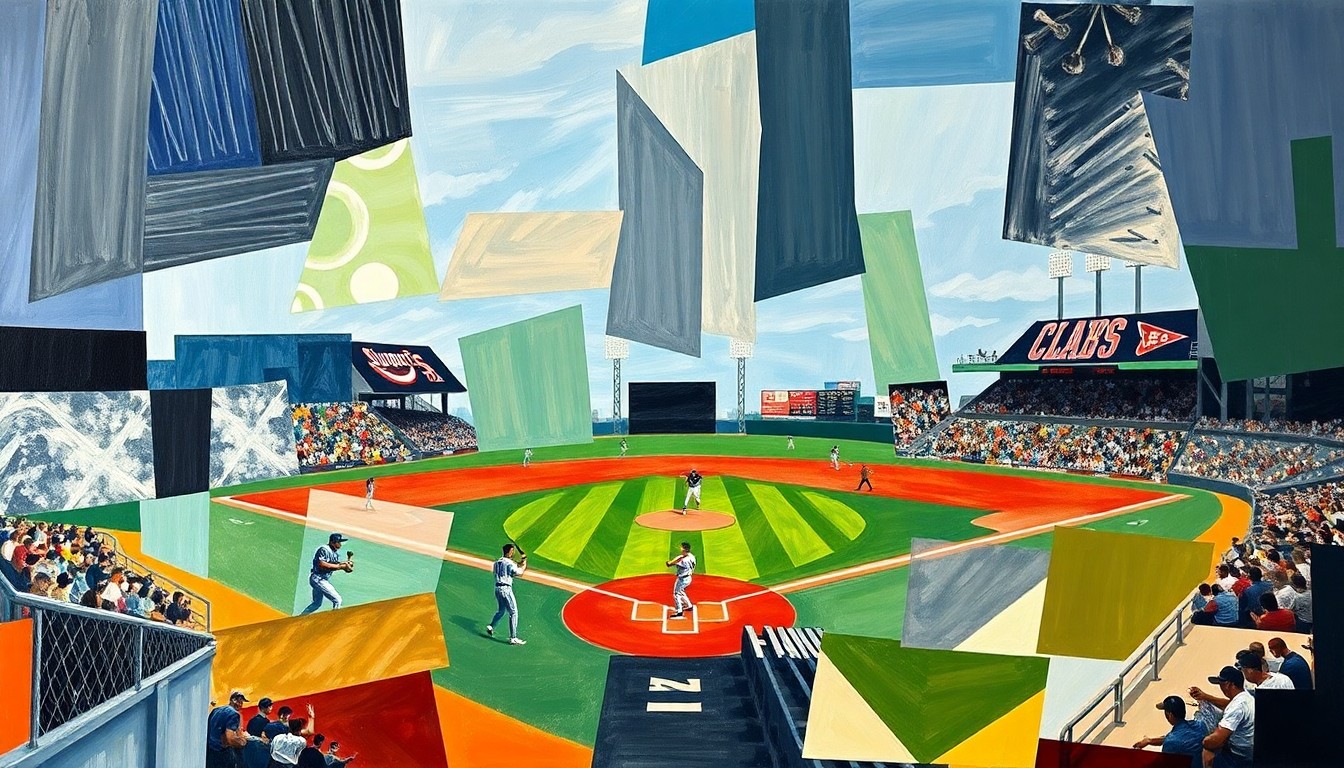 A fractured, geometric painting depicting a baseball game or match, with the players and field reduced to abstracted shapes and planes of color in the style of Pablo Picasso.