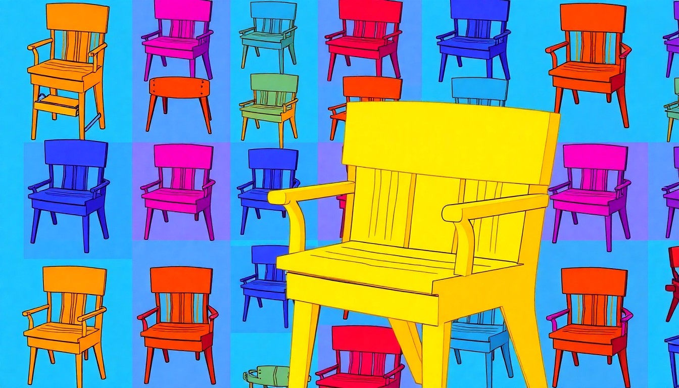 A bold, colorful silkscreen print featuring a single military chair or memorial object repeated in a grid pattern, conceptually representing the significance of this new installation at Bay High School.