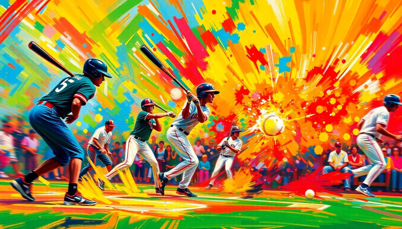 An abstract, energetic painting in neon colors depicting the dynamic motion and intensity of a high school baseball game, with blurred players, bats, and balls dissolving into expressive brushstrokes.