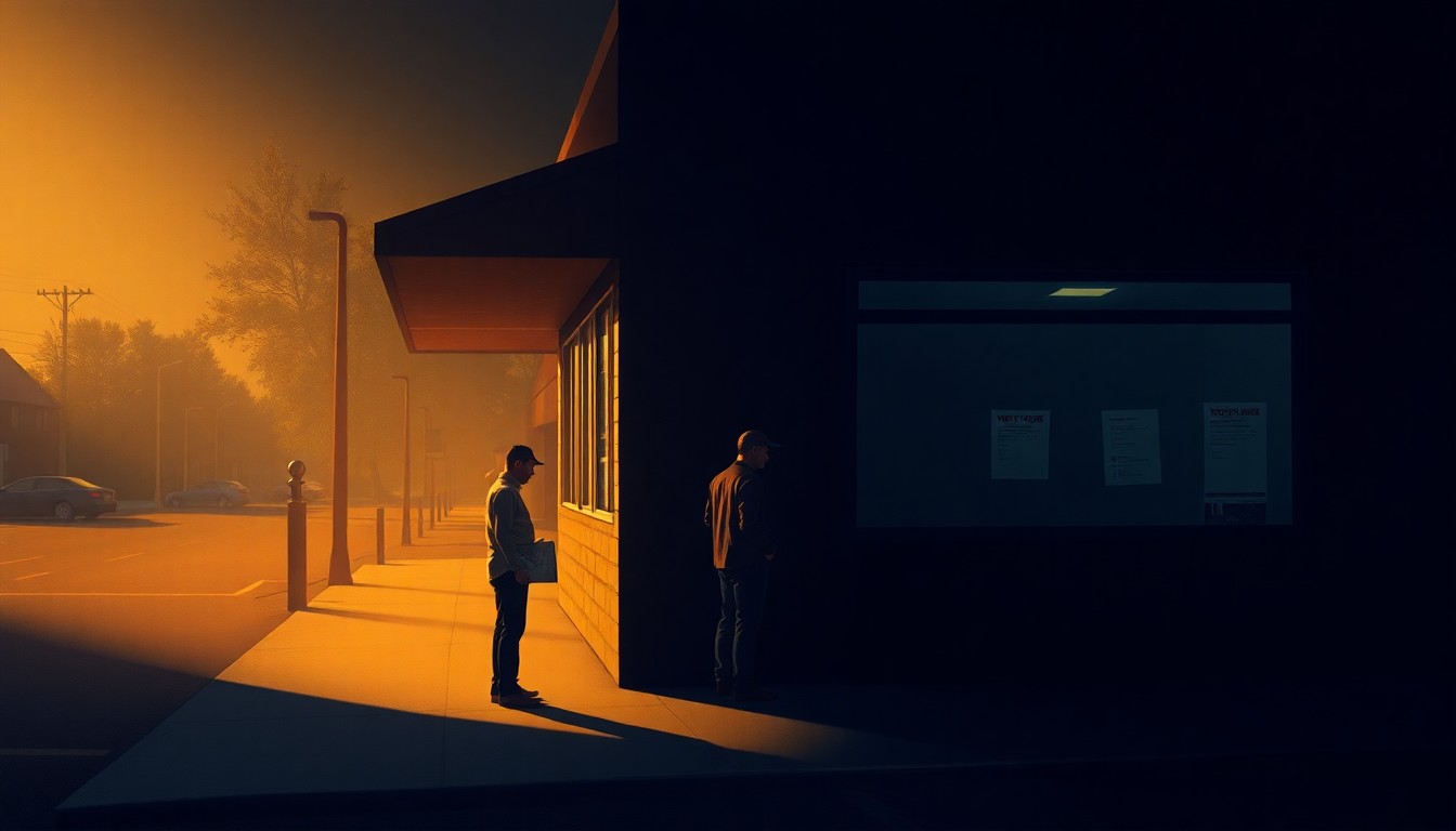 A serene, cinematic painting depicting a lone voter standing in line outside a polling station, the scene bathed in warm, golden light and deep shadows, capturing the quiet contemplation of the democratic process.