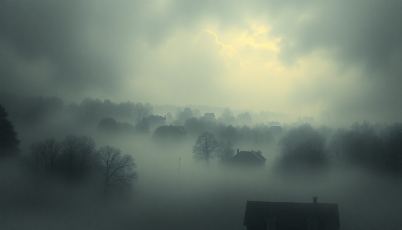 A sweeping, atmospheric landscape painting in muted tones of gray, blue, and green, depicting a flooded rural town with only the tops of buildings and trees visible above the rising waters, conveying the overwhelming scale and power of a natural disaster.