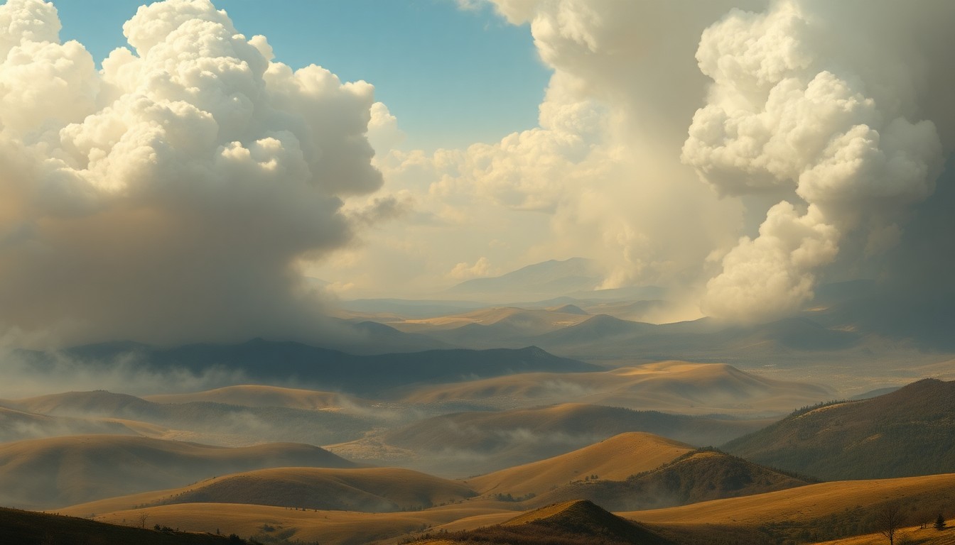 A sweeping, atmospheric landscape painting in muted tones of gray, blue, and orange, with billowing clouds of smoke obscuring the distant hills and mountains, conveying the raw power and sublime scale of a raging wildfire.