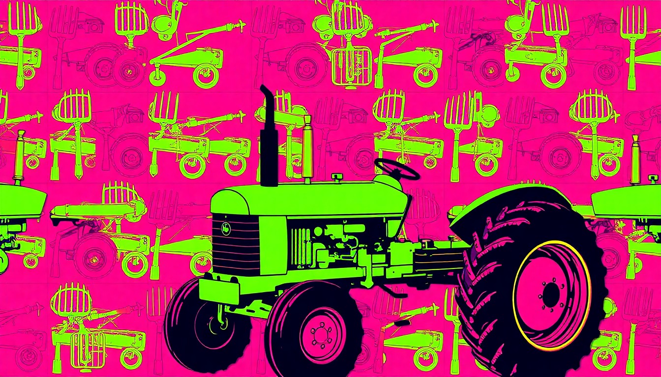 A vibrant, high-contrast silkscreen print featuring a repeated image of a classic farming tool like a pitchfork or tractor, rendered in a bold, neon color palette that captures the energy and creativity of the new FFA program at Lewiston High School.