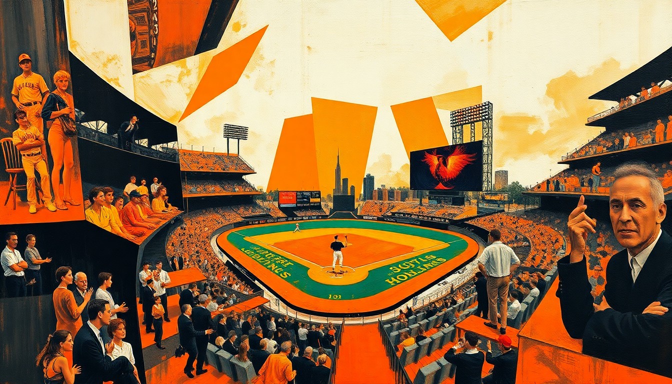 A cubist, geometric painting depicting a fragmented baseball game, with overlapping shapes and planes in shades of orange, black, and white, conveying the divided opinions among Orioles fans about the team's slow start.