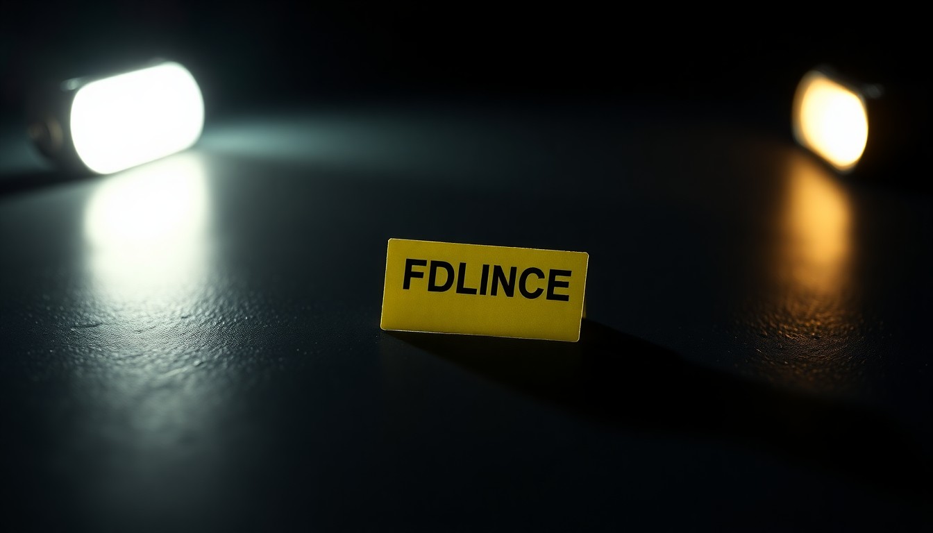 An extreme close-up photograph of a single police evidence marker on a dark, shadowy surface, lit by a harsh, direct camera flash, conceptually illustrating the stark reality of a tragic crime scene.
