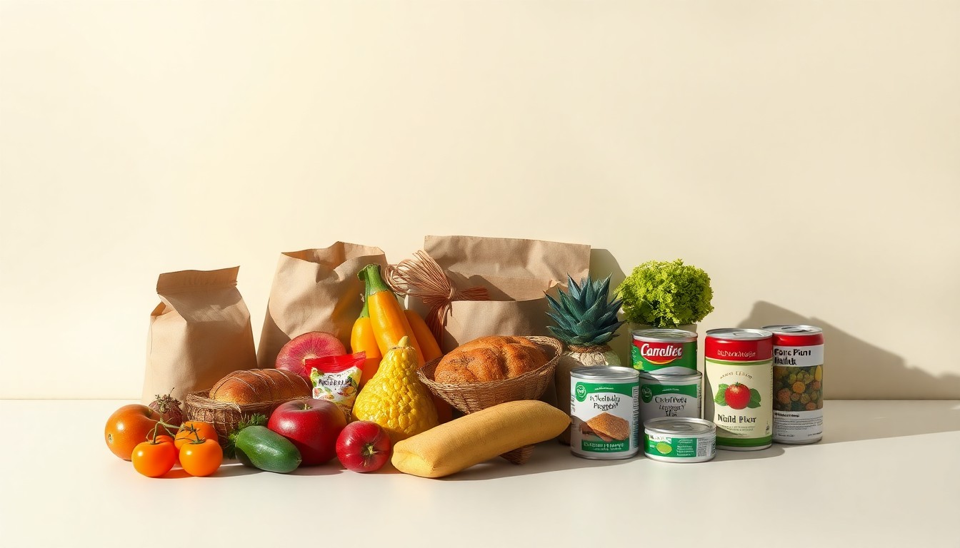 A minimalist studio still life photograph featuring an elegant arrangement of premium grocery items like fresh produce, baked goods, and canned goods on a clean, monochromatic background, conceptually representing the community-serving mission of a new urban supermarket.
