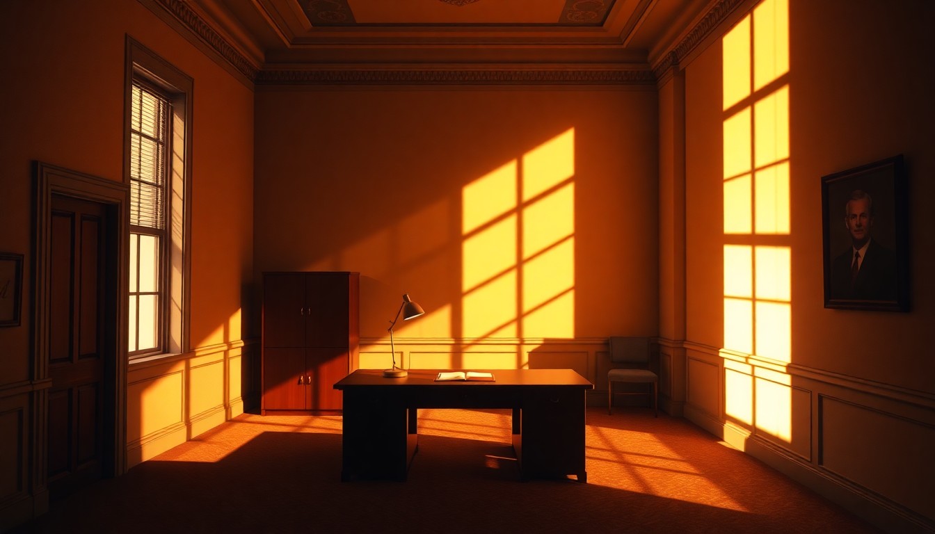 A dimly lit, cinematic office space with a single desk lamp casting a warm glow, conveying a sense of political tension and unease.