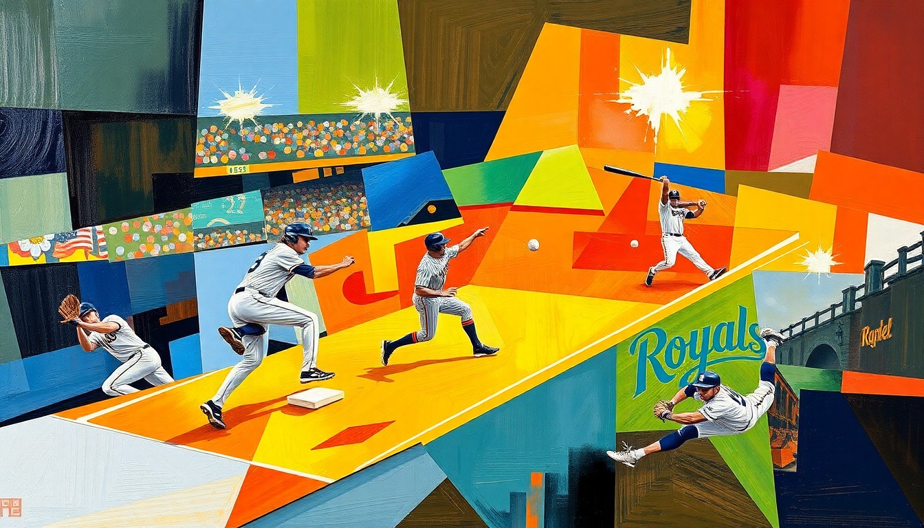 A fragmented, geometric painting depicting a baseball player in motion, with sharp, overlapping planes of bright blue, yellow, and red, conceptually representing the high-energy play of the Milwaukee Brewers.