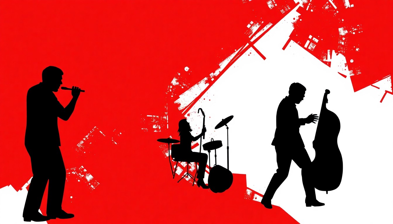 An abstract, minimalist illustration featuring sharp, geometric black silhouettes against a bright red background, conceptually representing the energy and rhythm of a jazz performance.