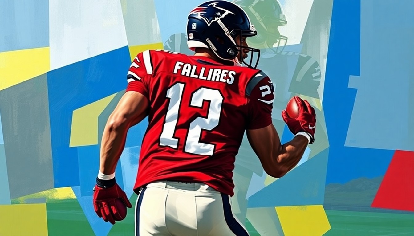 A fragmented, geometric painting depicting a football player in motion, with sharp, overlapping planes of color and form that obscure the player's identity, conveying the conceptual idea of transition and change within the Ravens organization.