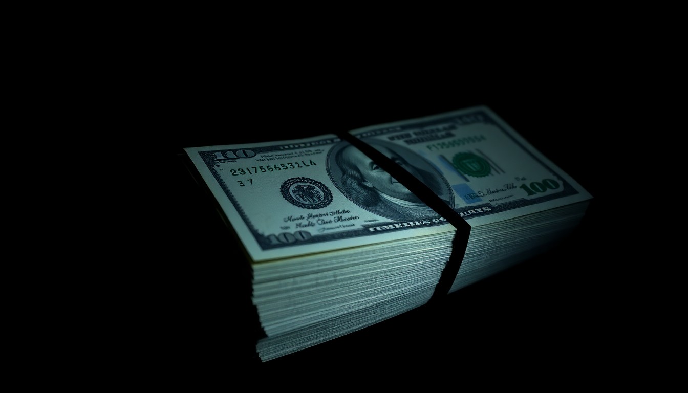 An extreme close-up photograph of a stack of $20 bills, lit by a harsh, direct camera flash against a pitch-black background, conceptually representing the money owed to formerly incarcerated individuals who were shortchanged by the state's unlawful deductions.