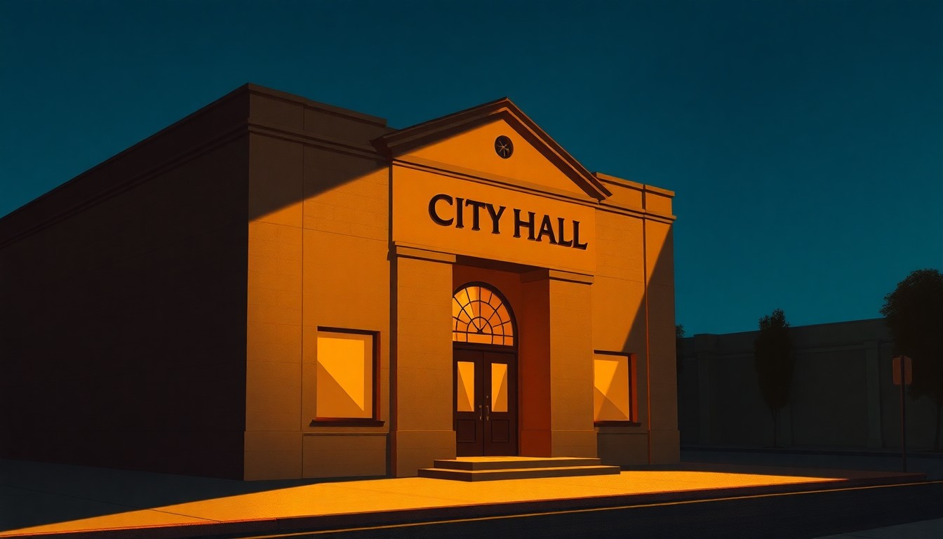 A photorealistic painting of the exterior of a government building in warm, golden tones, with deep shadows and a sense of solitude, conceptually representing the importance of citizen participation in municipal budgeting.