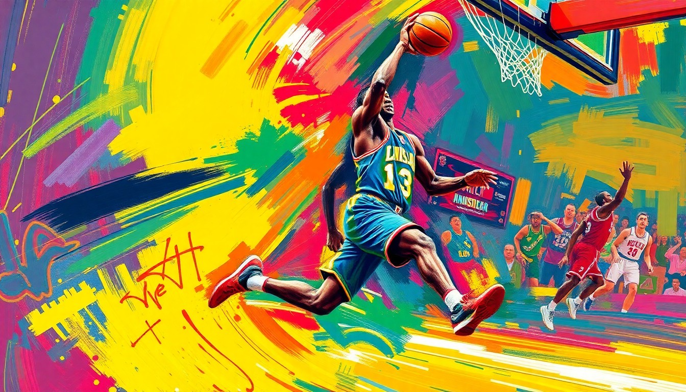 An abstract, expressionist painting featuring bold, neon-colored brushstrokes and shapes that evoke the dynamic movement and energy of a basketball player in action, conceptually representing the upheaval and uncertainty surrounding the LSU women's basketball program after the departure of a key player.