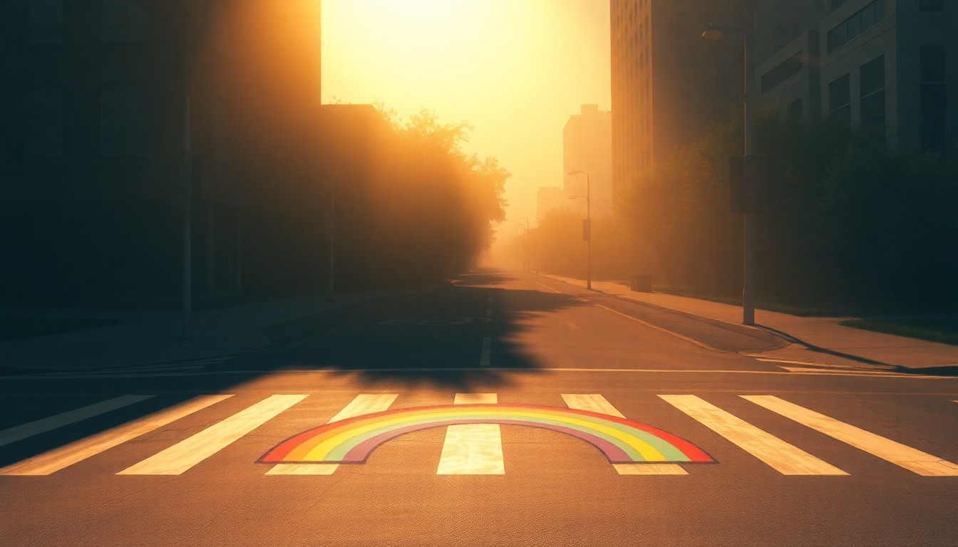 A serene, cinematic painting of an empty crosswalk, with the faint outline of a removed rainbow design still visible on the pavement, conveying a sense of loss and the erasure of marginalized expressions in the public realm.