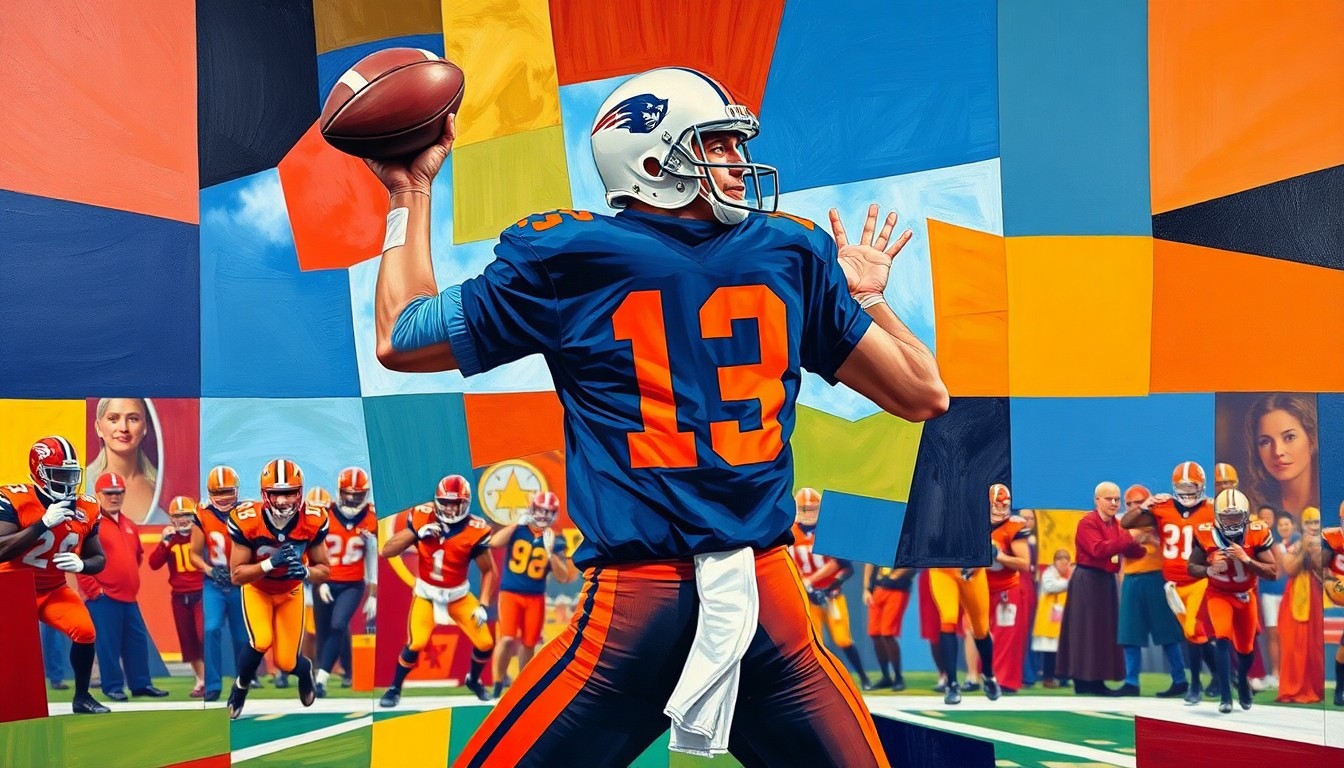 A cubist-style painting depicting a quarterback dropping back to pass, broken down into sharp, overlapping geometric shapes in vibrant colors representing the team uniforms mentioned in the story.