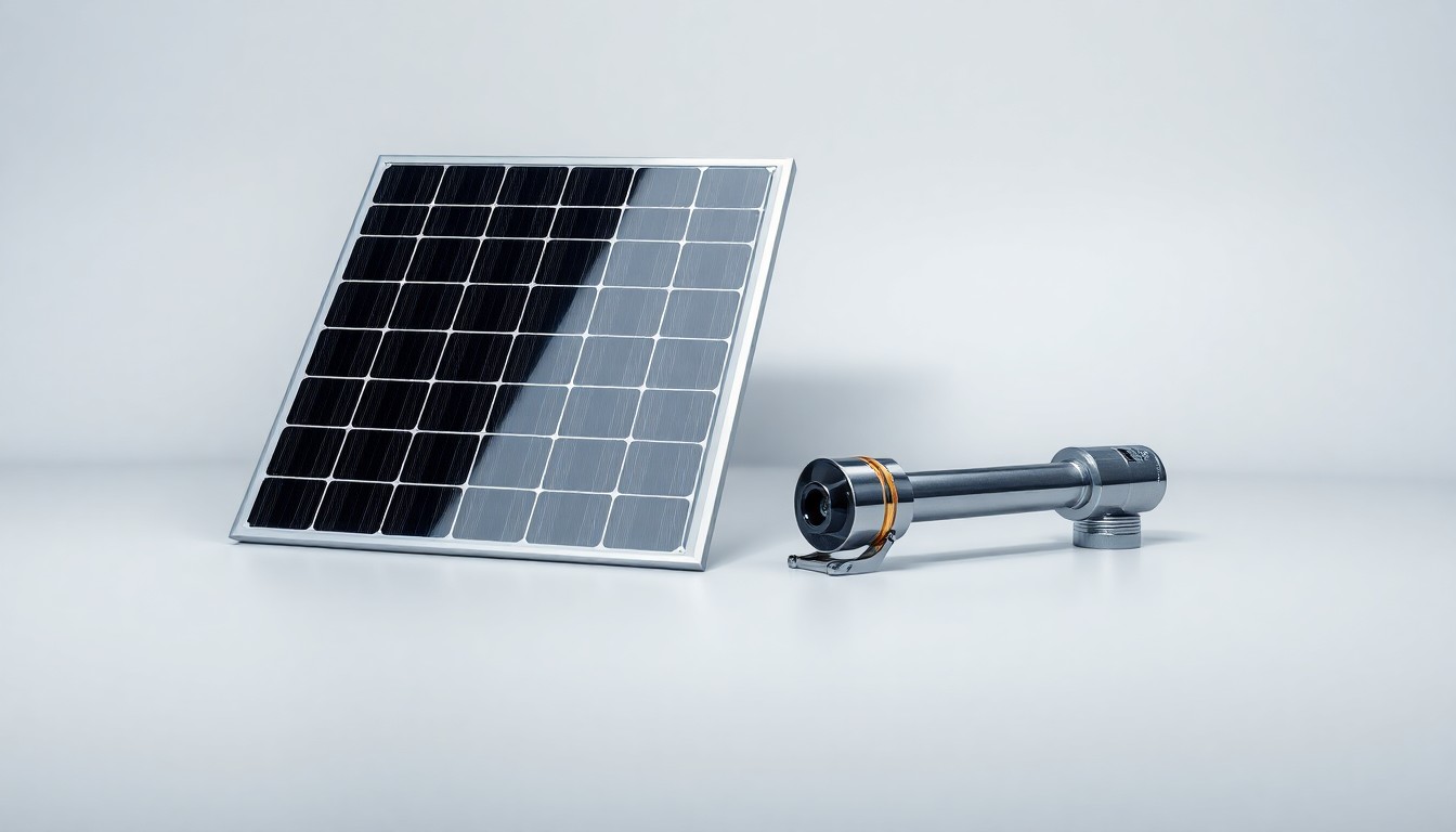 A photorealistic studio still life featuring a sleek, modern solar panel and a polished metal tool or component, arranged elegantly on a clean, monochromatic background and lit with dramatic studio lighting to conceptually represent the renewable energy industry.