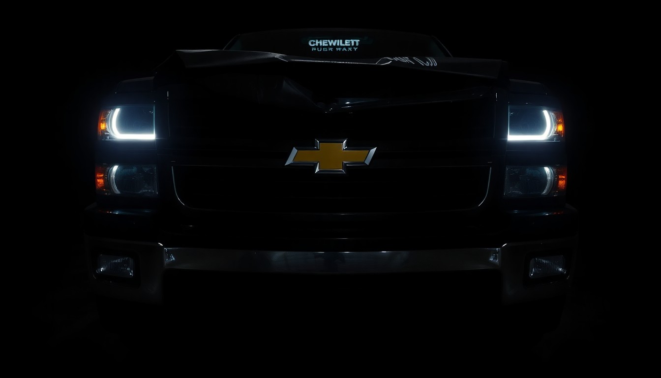 An extreme close-up of the heavily damaged front end of a pickup truck, with shattered glass and twisted metal reflecting the harsh flash of the camera, conceptually illustrating the impact of a vehicle colliding with a building.